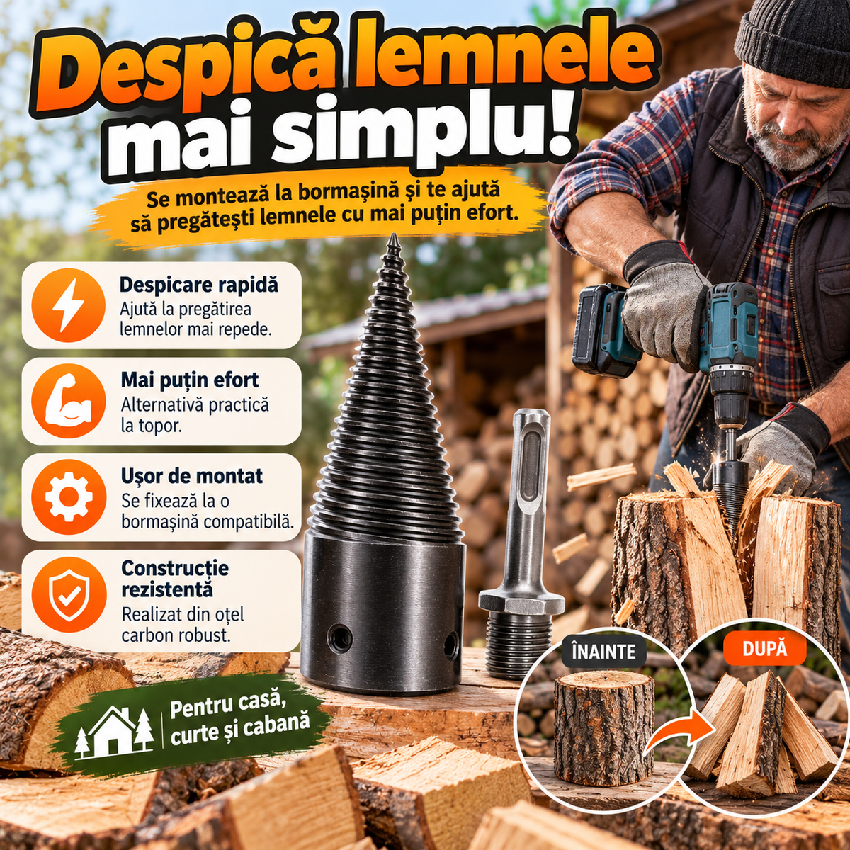 🪵 Burghiu Despicător De Lemne WoodCrack™
